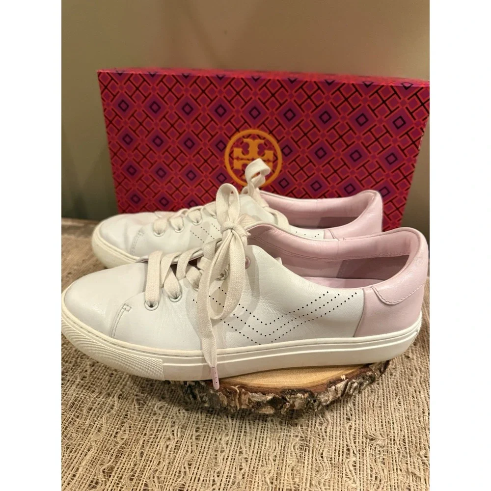 TORY BURCH Perforated Lace-Up Golf Sneakers Snow White Pink Cotton Sz-9.5
